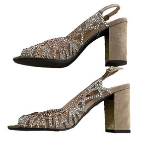 NWOB J. Renee TAHIRA Beige Suede/Rhinestone Strappy Sandal 4” Block Heel Size 7